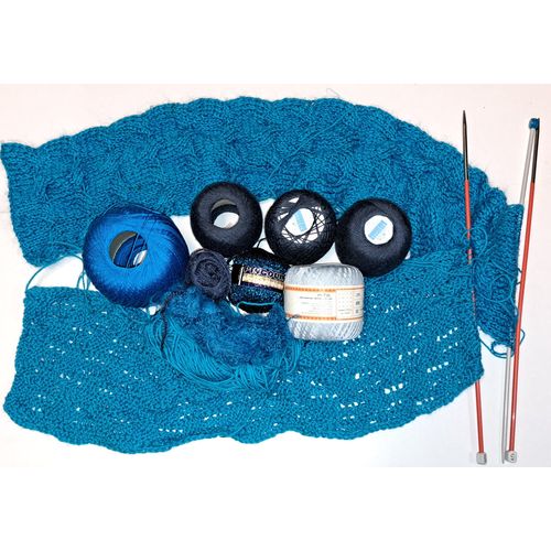 Enorme Lot De 7 Pelotes De Laine Bleu Fil Bergère De France Pingouin Place Vendôme Dmc Coton Babylo Pelotes Neuves + Entamées + Tricot + Aiguilles