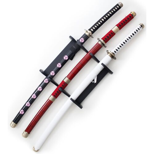 Lot 3 Katanas Tout en Bois One Piece Epees Lame en Bois + Support 3 Places Zoro Sabres Replique Zorro Roronoa Shusui Kitetsu Wado Ichimonji Pack Set Décoration