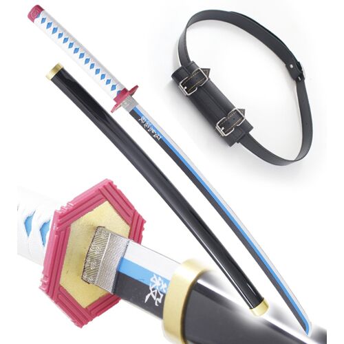 Demon Slayer Epee en Bois Giyu Tomioka Katana Kimetsu No Yaiba Sabre + Ceinturon Noir Porte Epee Ceinture Décoration