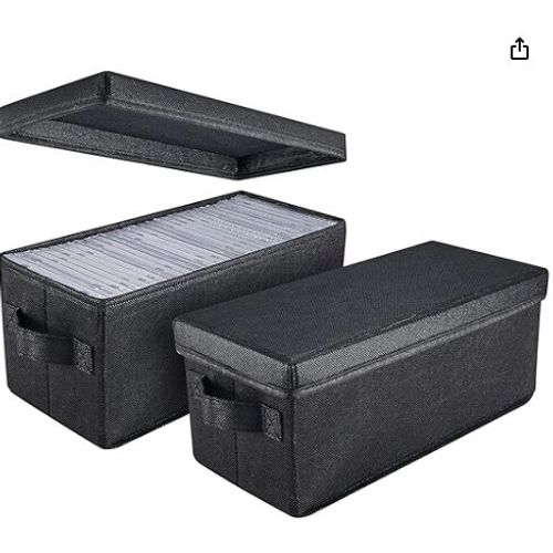 UENTIP Lot de 2 boîtes de rangement pour CD – 33,5 x 15 x 13,5 cm, le conteneur peut contenir 30 CD dans des boîtiers à bijoux, 60 CD dans des boîtiers fins et 165 disques dans des pochettes CD – Noir