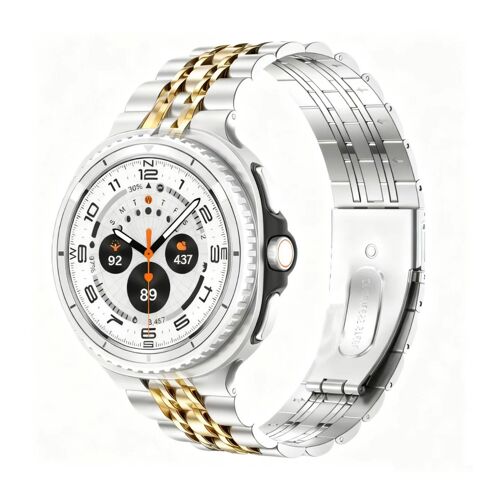 Bracelet De Montre En Acier Inoxydable Compatible Avec Samsung Galaxy Watch 8/8 Classic - Design À Sept Perles Argent + Or