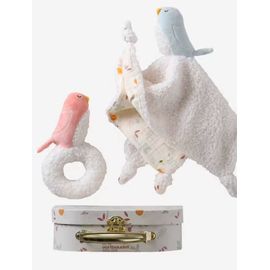 Doudou oiseau bleu Vertbaudet et hochet oisillon rose corail set valisette bébé soft toy bird baby 
