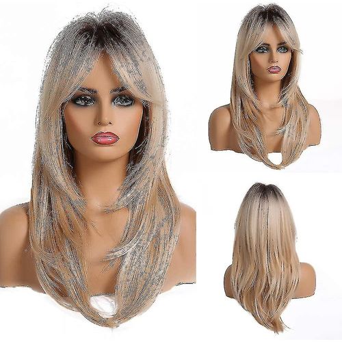 Perruque Blonde Pour Femme. Cheveux Synthétiques Naturels. Longueur Moyenne, Frange Blonde Dorée. Idée Cadeau. 