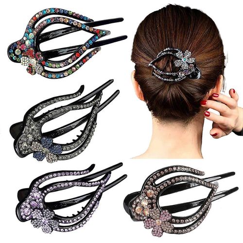 Lot De 4 Pinces À Cheveux En Forme De C?ur Avec Strass, Pour Queue De Cheval, Couleur Fleur De Prunier. 