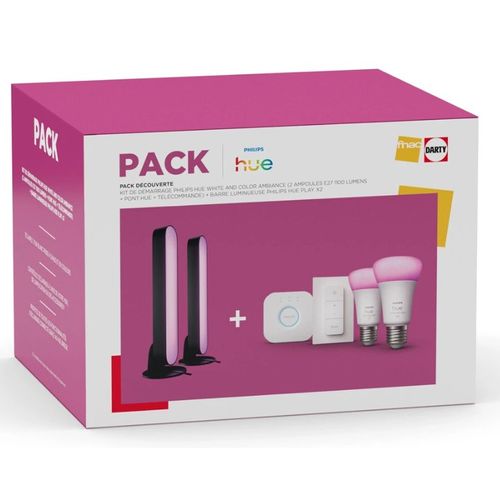 Pack Découverte Kit De Démarrage Philips Hue Ambiance Blanc Et Couleur + Pont + Télécommande + 2 Barres Lumineuses Philips Hue Play