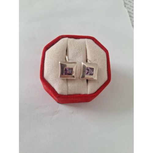 Paire De Boucles D'Oreilles Argent Forme Carrées Pierres Améthyste