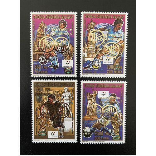 Madagascar Madagaskar 1989 / 1993 Double Invert Surcharge Overprint Mi. 1543 - 1546a Italia 1990 Fifa World Cup Football
