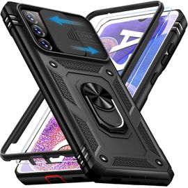 JGD-Coque de protection pour Samsung Galaxy A23 5G avec film de protection d'écran et fente pour appareil photo - Fente pour cartes à 360° - Anneau support en métal - Anti-chocs - Anti-chocs - Noir