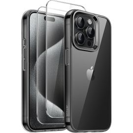JGD-3 en 1 Coque pour iPhone 15 Pro 6,1 Pouces avec Lot de 2 Films de Protection D'écran en Verre Trempé, Étui Housse de Téléphone Antichoc Anti-Jaunissement (Noir)