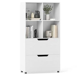 COSTWAY Bibliothèque avec 4 Compartiments Ouverts, 2 Grands Tiroirs, Anti-basculement, pour Salon, Bureau, 70 x 33,5 x 130 cm Blanc