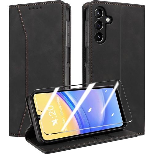 JGD-Coque pour Samsung Galaxy A15 4G/5G +Protection écran, [RFID Blocage], Etui Protection Housse Premium en Cuir PU, [Emplacements Cartes] Magnétique Flip Case, Anti-Vibration (Fantaisie) - Noir