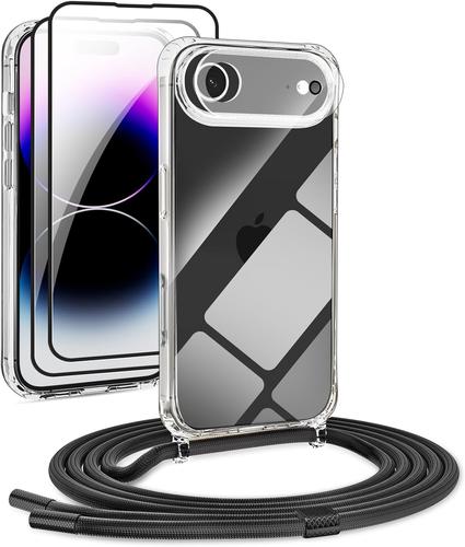 JGD-Chaîne de téléphone portable 5 en 1 pour iPhone 17 Air - Coque de protection amovible avec cordon transparent - 2 films en verre blindé et objectif de l'appareil photo (noir)