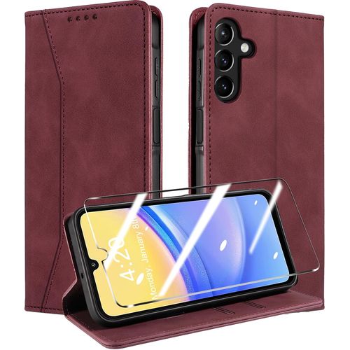 JGD-Coque pour Samsung Galaxy A15 4G/5G +Protection écran, [RFID Blocage], Etui Protection Housse Premium en Cuir PU, [Emplacements Cartes] Magnétique Flip Case, Anti-Vibration (Fantaisie)-Rouge vin