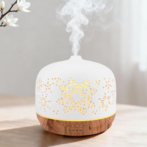 JGD-500ML Diffuseur d'huiles Essentielles en Céramique Blanche, Ultrasonique Humidificateur Diffuseur Aromathérapie Electrique, Arôme Parfum Electrique avec 7 Couleurs Lumières,pour Chambre/Yoga