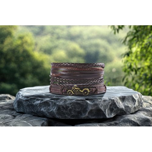 Bracelet En Cuir Marron Avec "Moto" Cuivrée