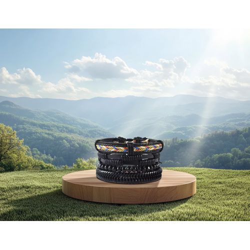 Bracelet En Cuir Noir Avec Perles Bois Et Tresse De Couleurs