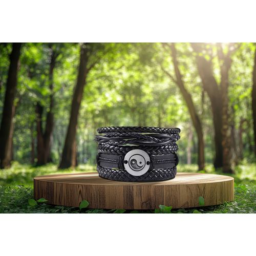 Bracelet En Cuir Noir Avec "Yin Et Yang" Argenté Et Noir