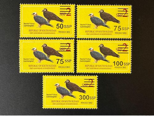 Sud-Soudan South Sudan Sudsudan 2017 Mi. 10 / 13 I+Ii / 16 / 21 Bearded Vulture Lammengeier Bird Surcharge Überdruck
