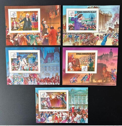 Madagascar Madagaskar 1989 / 1993 Mi. Bl. 230 - 234 Nd Imperf Blue Overprint Revolution Francaise Republique 1789