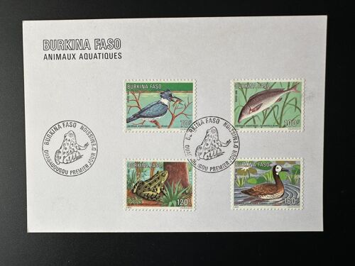 Burkina Faso 1989 Mi. 1186 - 1189 Fdc Carte 1er Jour Animaux Aquatiques Oiseau Poisson Grenouille Canard Fish Fisch Ente