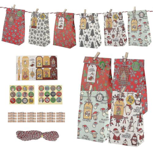 24pcs Cadeau de Noël Sacs,Calendrier de l'avent Pour le Remplissage avec des Clips Numéros Autocollants Pour les Adultes, les Enfants