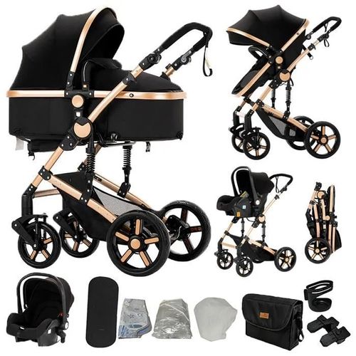 Poussette 3 En 1 Magic Zc Poussette Pousette Trio 3 En 1 Pousette Cadre En Alliage D'aluminium Paysage Élevé Sac À Main Noir Or