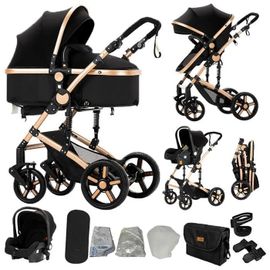 Poussette 3 En 1 Magic Zc Poussette Pousette Trio 3 En 1 Pousette Cadre En Alliage D'aluminium Paysage Élevé Sac À Main Noir Or