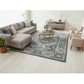 Tapis Bohème Chic Bleu Pétrole Et Beige À Motifs Abstraits