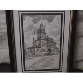 Gravure Mairie De Fargniers Dans Cadre Bois Vernis Noir Et Doré Ed. Ducourtioux