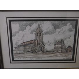 Gravure Mairie Et Eglise De Vouel Dans Cadre Bois Vernis Noir Et Doré Ed. Ducourtioux