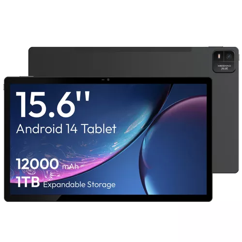 Tablette MESWAO MES-B3 15,6 pouces Android 14 Grande tablette avec écran IPS, Helio G99 Octa-Core, 6 Go de RAM + 128 Go de ROM (1 To TF) Tablette, 12000 mAh, BT5.0, WiFi 2,4G/5G, appareil photo 32 MP Gris
