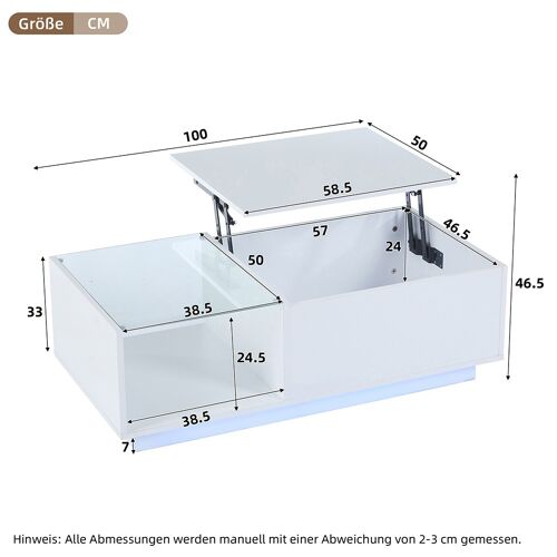 Table basse led réglable hauteur à 46.5 cm rangement caché tablette brillante salon blanc