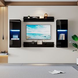 Étagère murale 4 pièces noir led portes verre trempé application éclairage intelligent