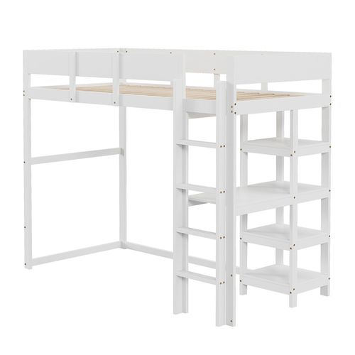 Lit surélevé lit enfant avec étagère 90 x 200 cm pin massif avec sommier à lattes lit pour adolescents blanc