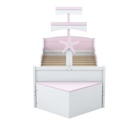Lit enfant en bois 90x200 cm en forme de voilier avec lit gigogne armoire de rangement au bout du lit rose