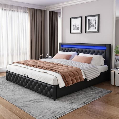 Lit lit rembourré 160 x 200 cm avec sommier à lattes avec éclairage led et rangement pu noir