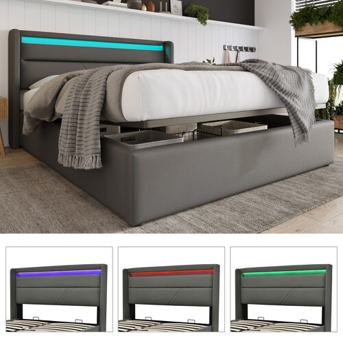 Lit Lit coffre 140x200 cm lit de rangement hydraulique avec barre lumineuse led avec télécommande lit double lit capitonné PU gris