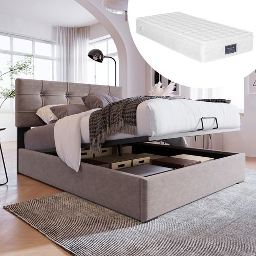 Lit lit 90x200 cm hydraulique canapé convertible tête de lit réglable cadre métallique lit à lattes avec rangement gris clair velours avec matelas
