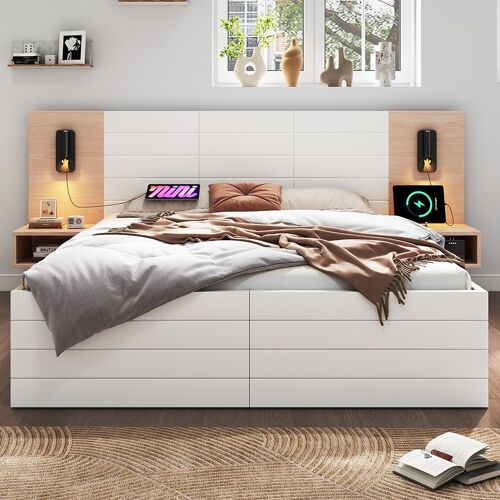 Lit avec tiroirs lit avec rangement 140 x 200 cm avec 2 tiroirs tête de lit avec lumière de lecture 2 chevets blanc avec matelas