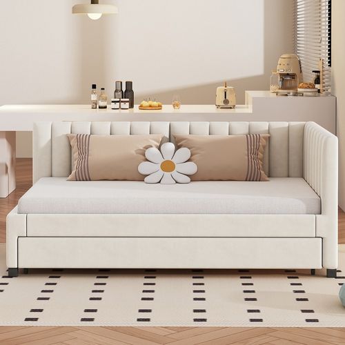 Lit lit tapissé lit 90x200 avec sommier à lattes canapé-lit extensible pour le salon tissu velours beige