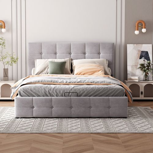 Lit lit double lit 140x200 cm lit jeune avec élévation hydraulique tête de lit capitonnée réglable en hauteur canapé-lit velours gris