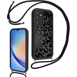 TRAHOO-Coque avec Cordon pour Samsung Galaxy A34 5G 6,5'', Aesthetic Etui avec Réglable Collier Silicone Corde Caméra Protection Bumper Case avec Motif, Lanyard Housse pour Samsung A34 5GLéopard