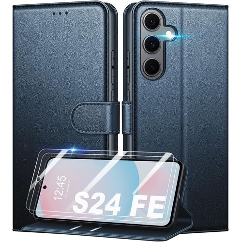 TRAHOO-Coque pour Samsung Galaxy S24 FE + 2 Pièces Verre Trempé, [RFID Blocage] Étui de Protection Housse Premium en Cuir PU, [Fentes pour Cartes] Pochette de Portefeuille Etui à Rabat - Bleu