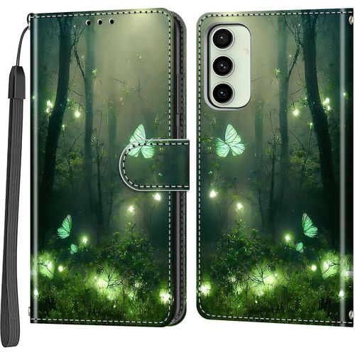 TRAHOO-Coque pour Samsung Galaxy S24 FE, Housse en Cuir PU Etui à Rabat Pochette de Antichoc Portefeuille avec Fentes pour Cartes Fonction Support Papillonforestier