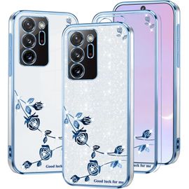 TRAHOO-pour Coque Samsung Note 20 Ultra 5G Transparent Paillette Fleur Motif pour Femme Fille Antichoc Etui Samsung Galaxy Note 20 Ultra Coque Silicone Ultra Fine Jolie Luxe Case (Bleu+Argenté)