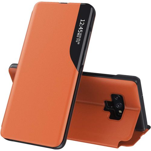 TRAHOO-Coque pour Samsung Galaxy Note 9, Galaxy Note 9 Clear View Étui à Rabat Housse Étui Translucide 360 Antichoc Anti-Rayure Flip Folio Stand Support Coque pour Galaxy Note 9,QH CC Orange
