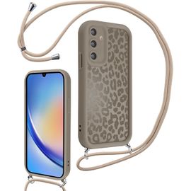 TRAHOO-Coque avec Cordon pour Samsung Galaxy A34 5G, Aesthetic Léopard Motif Etui avec Réglable Collier Silicone Corde Protection Bumper Case, Lanyard Antichoc Housse pour Samsung A34 5G 6,5'', Marro