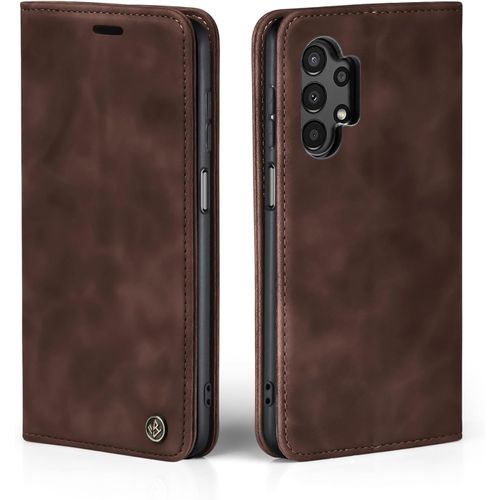TRAHOO-Coque de protection pour Samsung Galaxy A13 Marron foncé avec compartiment pour cartes et billets - Avec fonction support - Fermeture magnétique vintage