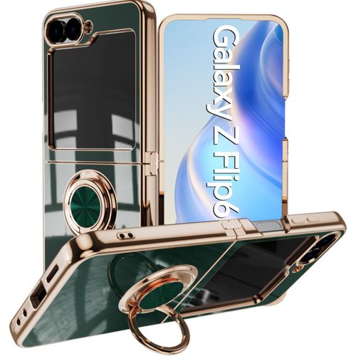 TRAHOO-Coque pour Samsung Galaxy Z Flip 7 FE avec Anneau Support, Magnetique Etui Coque pour Samsung Z Flip 6 Silicone TPU Antichoc Housse Protection (Vert Foncé)