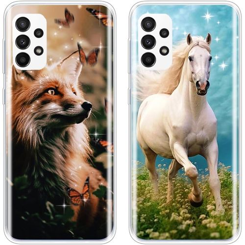 TRAHOO-2 Pièces Compatible avec Samsung Galaxy A13 4G Coque Motif Animal Silicone Etui TPU Souple Antichoc Housses de Protection Arrière Case Téléphone Portable - Renard Cheval